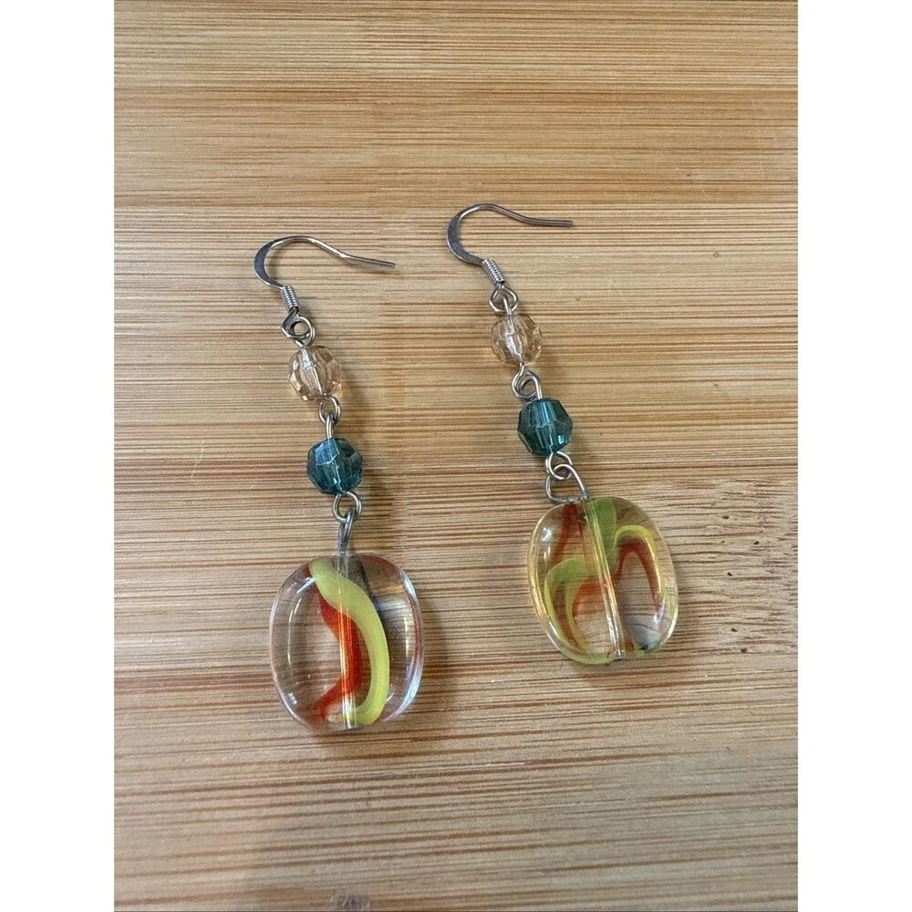 Yellow Green Red Glass Bead Dangle Drop Earrings Unbranded